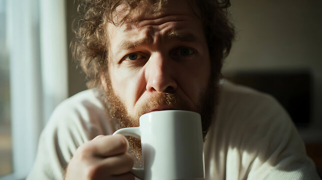 A man with a beard takes a contemplative sip from a white mug, bathed in soft morning light, evoking a sense of quiet reflection and a slow, peaceful start to the day.