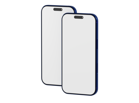 Two smartphones side by side with blank white screens perfect for displaying apps or designs. Isolated on white