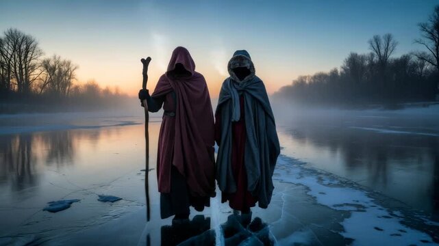 Two robed men and women standing on ice beside a misty river at sunrise, a pagan ritual or journey during Yule or Imbolc.