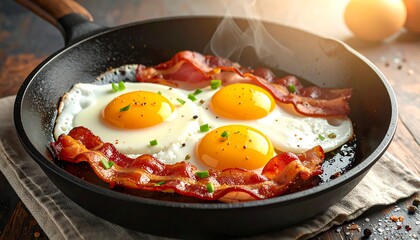Sunny-side up eggs and crispy bacon strips sizzle in a cast iron skillet atop a rustic wooden surface