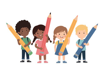Obraz premium Diverse children holding giant pencils, representing creativity, learning spirit, and unity, suitable for education and school-related designs