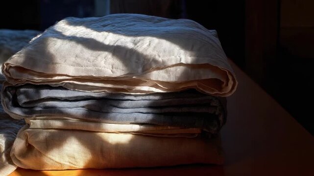 A neat stack of folded linens or blankets on a table, bathed in warm sunlight.