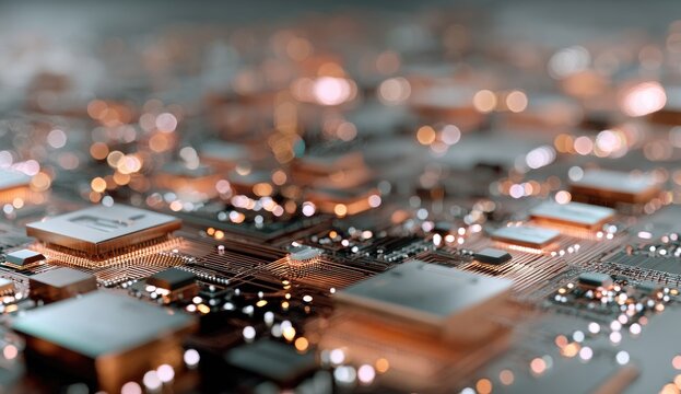 Electronic motherboard with multiple embedded components, blurred lights in background, high-tech