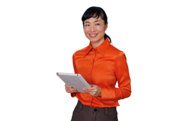 Asian businesswoman smiling and holding a digital tablet, confident professional looking at camera on transparent background