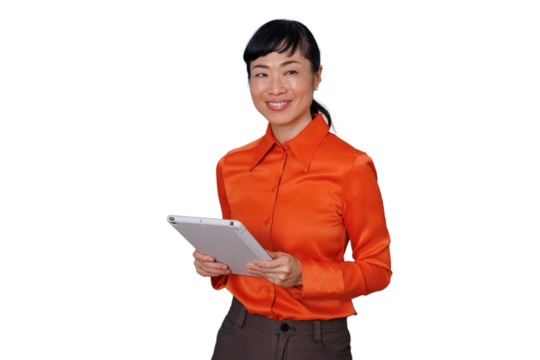 Asian businesswoman smiling and holding a digital tablet, confident professional looking at camera on transparent background - Powered by Adobe