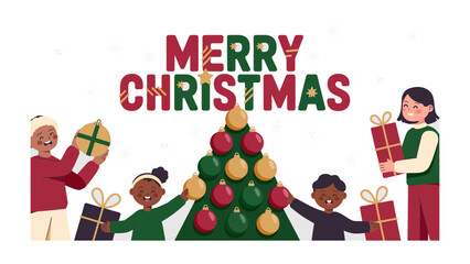 Festive Christmas Gathering: A vibrant illustration showcasing a cheerful family celebrating Christmas, adorned with presents, a decorated tree, and a heartwarming holiday spirit. 