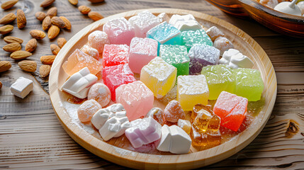 A vibrant combination consisting of Turkish delight, with colorful candies in the middle, surrounded by white chunks, dotted with almonds, placed on a wooden plate, illuminated by natural light with s