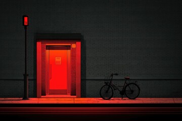 Night scene of a red-lit street door and bicycle