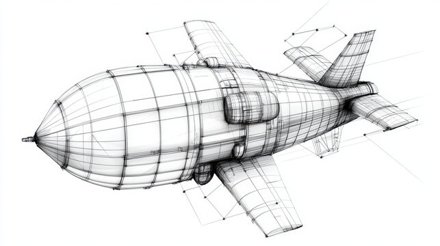 Detailed wireframe illustration of futuristic aircraft design, showcasing its aerodynamic shape and structural elements. image conveys sense