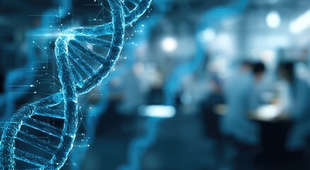 A luminous blue double helix structure, set against a blurry, interior lab scene