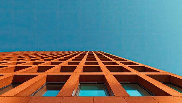 Low-angle perspective of tall brick facade, contrasted with clear blue sky, clean lines