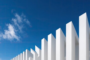 Modern angular white building facade against a brilliant blue sky with a single wispy cloud