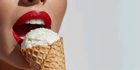 Close up young woman with red lipstick eating an ice cream. Summer holidays.