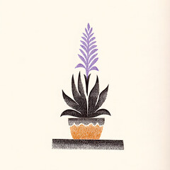 Hand-drawn silhouette of a potted plant with purple flower against a soft background