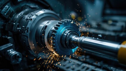 Close-up of a lathe machine in operation, creating sparks. Focus on a detailed gear