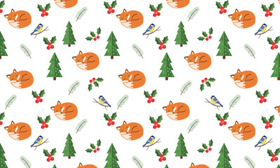 Seamless winter woodland pattern with a cute fox, Christmas trees, bullfinch birds and red berries. Festive holiday illustration in a cozy hand-drawn style.