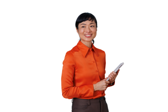 Asian businesswoman holding digital tablet, smiling confidently and looking away, transparent background - Powered by Adobe