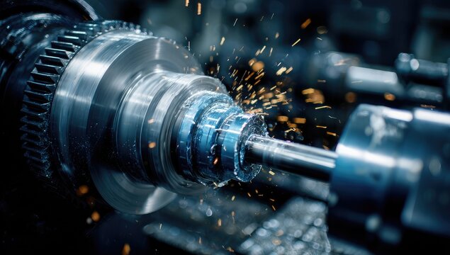 Close-up of a lathe machining metal, with sparks flying and intricate details visible