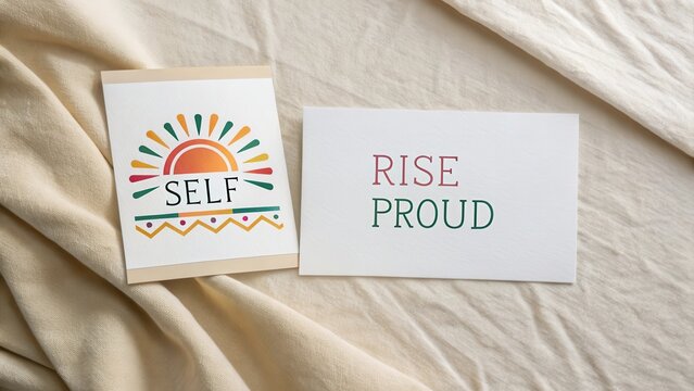 Cards displaying the words Rise and Self with a sunrise icon