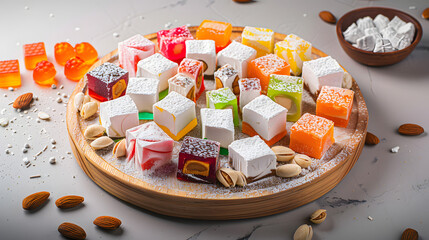 A vibrant combination consisting of Turkish delight, with colorful candies in the middle, surrounded by white chunks, dotted with almonds, placed on a wooden plate, illuminated by natural light with s