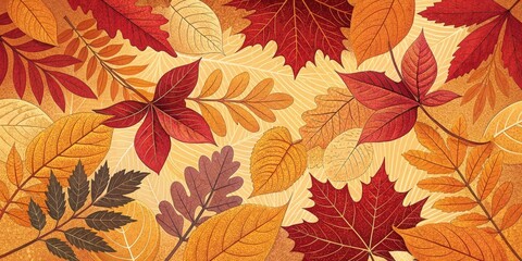 A vibrant pattern of autumn leaves in warm red, orange, and yellow tones creates a textured seasonal background 