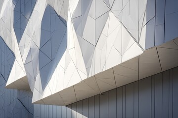 Close-up view of a modern building's geometric facade. The design uses angles and shadows