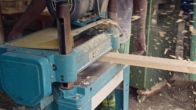 Slow Motion Wood Planing with Thickness Planer Machine
