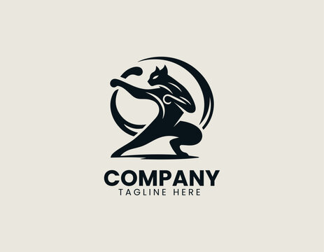 Shadow cat warrior stands in bold pose forming powerful black vector logo design