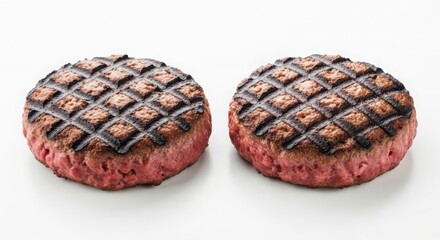 Two grilled beef burger patties with grill marks on a white background