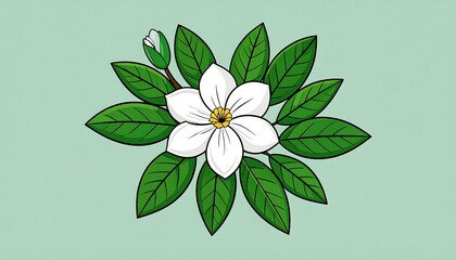 A stylized floral arrangement featuring a white, five-petaled bloom surrounded by green leaves and a bud against a pastel background