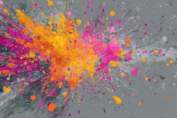 Vibrant paint splatter explosion on a muted gray background