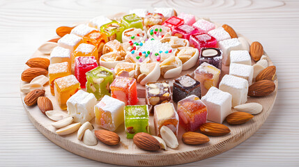 A vibrant combination consisting of Turkish delight, with colorful candies in the middle, surrounded by white chunks, dotted with almonds, placed on a wooden plate, illuminated by natural light with s