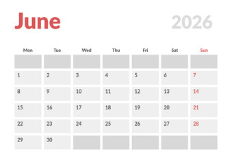 Monthly page Calendar Planner Template design of June 2026. Vector layout of calendar with week start Monday for Scheduling. Page for size A4 or 21x29.7 cm