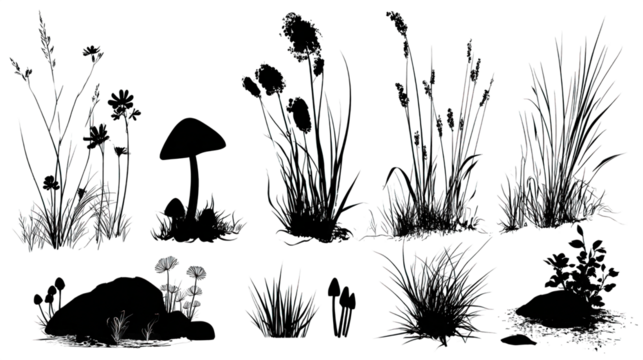 A collection of various plants and mushrooms illustrated in a line art style, showcasing the diversity of flora.