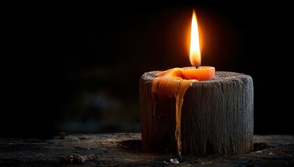 Burning candle on weathered wood