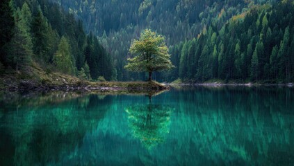 Tranquil lake reflecting lush forest