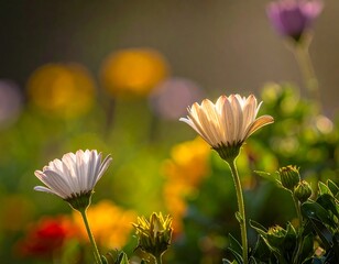 Close-up of two white-petaled flowers, bathed in sunlight. Other colorful flowers are slightly out of focus in the background, creating a soft bokeh
