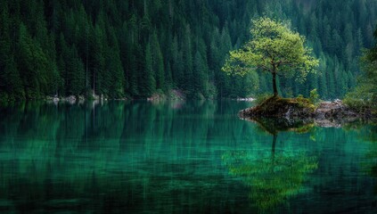 Tranquil lake with a lone tree