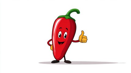 A red cartoon chili pepper with a cheerful smile and big eyes gives a "like" sign. A bright and positive mascot for menus, packaging, or advertising of spicy foods.