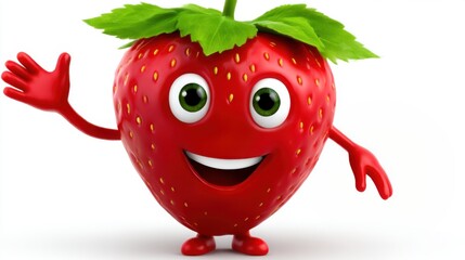 Весёлый клубничный персонаж с ручками и ножками, машущий в знак приветствия. Красная, сочная и выразительная иллюстрация для стоковых ресурсов.