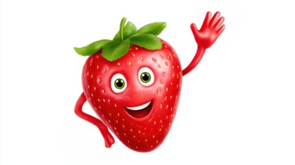 A close-up of the strawberry mascot: a perfect render for banners and packaging. A friendly, smiling, and waving fruit character.