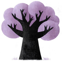 Silhouette of a hand-drawn tree with purple foliage in a minimalist style