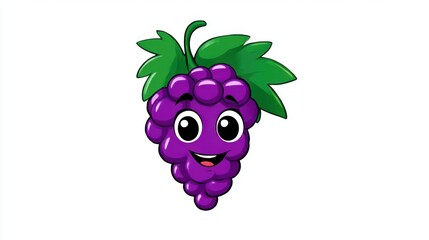 A close-up of a cute cartoon grape with big eyes and a wide smile. A bright purple mascot with green leaves for children's design and packaging.