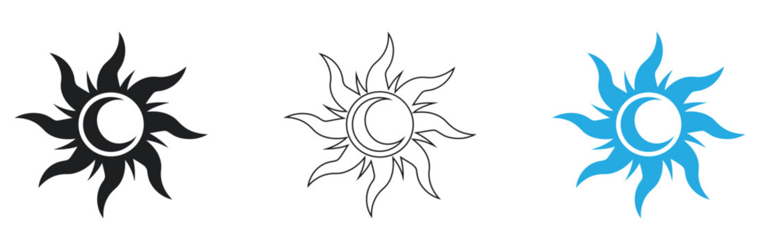Celestial sun and moon icons for astrology and design projects, offering a mystical, magical, or spiritual theme in a modern, clean, and powerful style