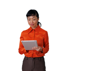Asian woman using tablet, managing business, working with technology, cut out transparent background