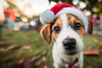 Close up of a cute Jack Russel dog wearing santa Claus hat outdoor.