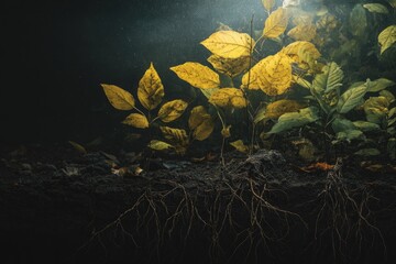 Close-up of growing plants showcasing leaves, roots, and exposed dark earth. Atmospheric lighting