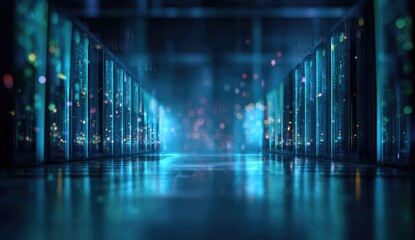An illuminated hallway within a data center, rows of servers gleam, capturing a futuristic ambiance