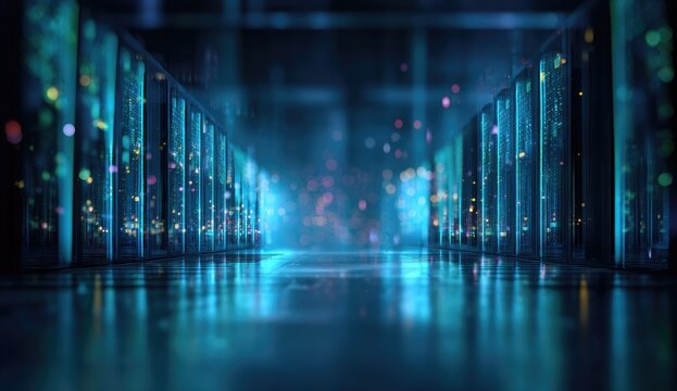 An illuminated hallway within a data center, rows of servers gleam, capturing a futuristic ambiance