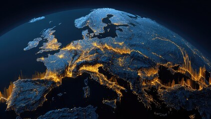 A nighttime view of Europe from space, showing city lights against a dark blue background